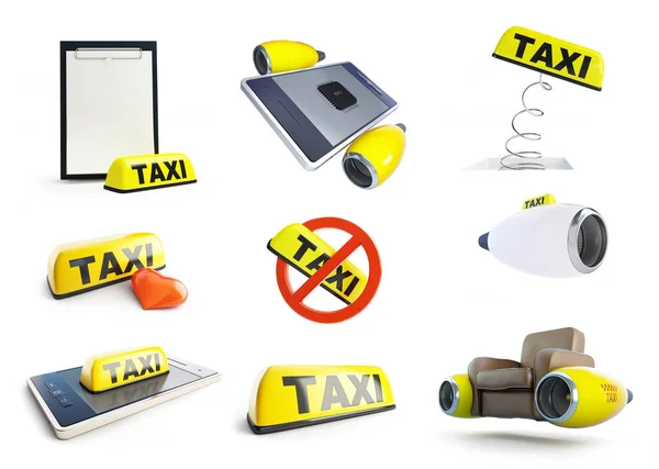 Taksi işareti uçan, set 3d resimde beyaz bir arka plan üzerinde taksi. — Stok fotoğraf