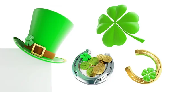 Set St. Patrick's day green hat, horseshoe 3D illustration on a white background — Stock Photo, Image