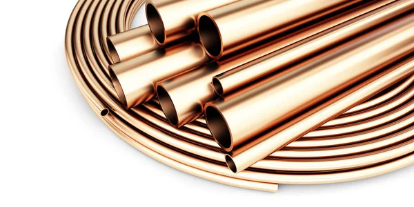 Conjunto de tubos de cobre de diferente diámetro. Aislado sobre fondo blanco. Ilustración 3D — Foto de Stock