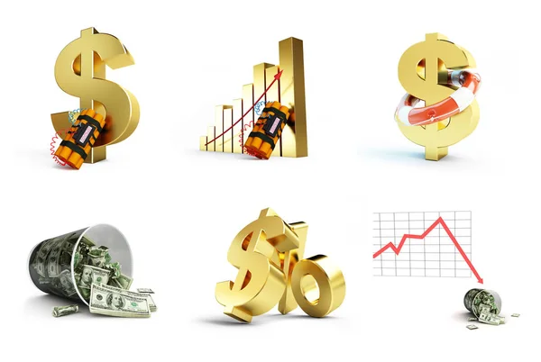 Crise do dólar no fundo branco. Ilustrações 3d — Fotografia de Stock