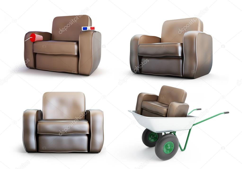 armchair set on a white background 3D illustration
