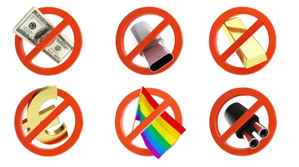 Keine Zeichen für verschiedene verbotene Aktivitäten auf weißem Hintergrund 3d Illustration — Stockfoto