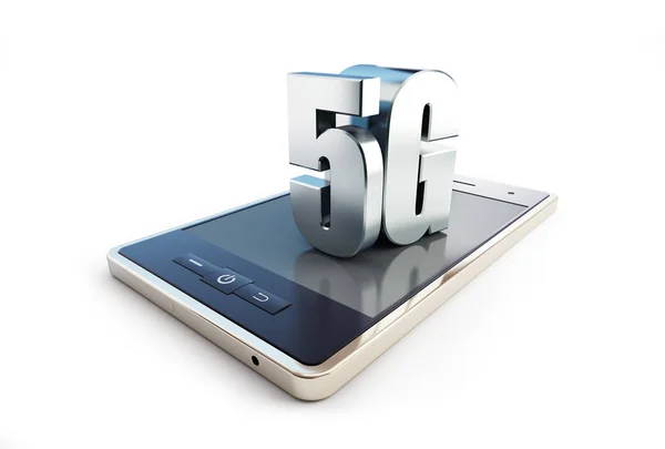 5G smartphone ang testo su sfondo bianco Illustrazione 3D — Foto Stock