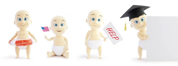 Set bebé 3d en diferentes ocupaciones y diferentes objetos sobre un fondo blanco ilustración 3D —  Fotos de Stock