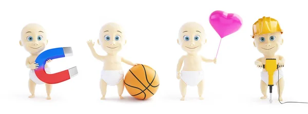 Set baby 3d in different occupations and different objects on a white background 3D illustration — Stock Photo, Image