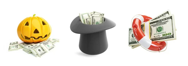 Dólar da boia da vida, Halloween do dinheiro, dólar do chapéu em um fundo branco ilustração 3D — Fotografia de Stock