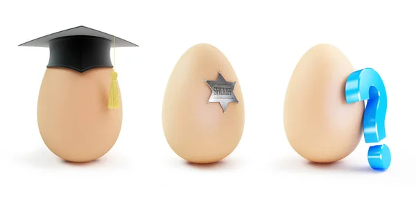 Conjunto de huevos Tapa de graduación, signo de interrogación sobre un fondo blanco Ilustración 3D — Foto de Stock