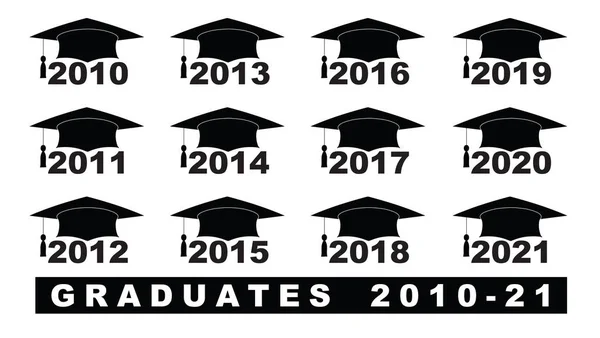 Text with graduation hat  2010-2021 set on a white illustration — Stock Vector