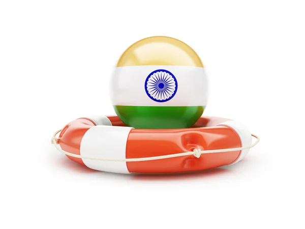 Lifebelt dengan bantuan bendera India pada latar belakang putih — Stok Foto