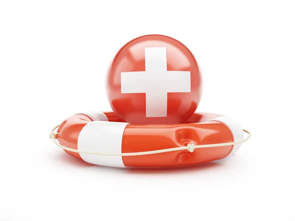 Lifebelt con la bandiera Svizzera aiuto su sfondo bianco illustrazione 3D — Foto Stock
