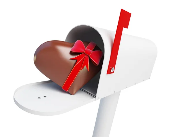 Posta kutusu çikolata kalp bir beyaz arka plan 3d çizim — Stok fotoğraf
