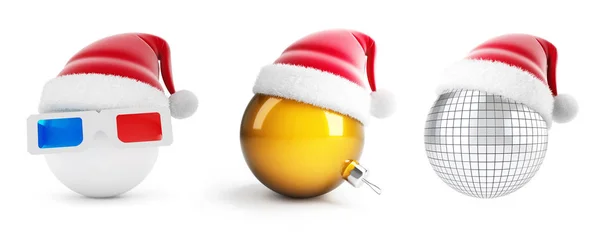 3D gözlük Noel Baba şapkası, beyaz arka plan 3d çizim disko topu topu — Stok fotoğraf