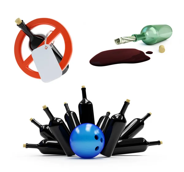 Alcohol, anti alcoholism set  on a white background 3D illustration, 3D rendering — Stock Photo, Image