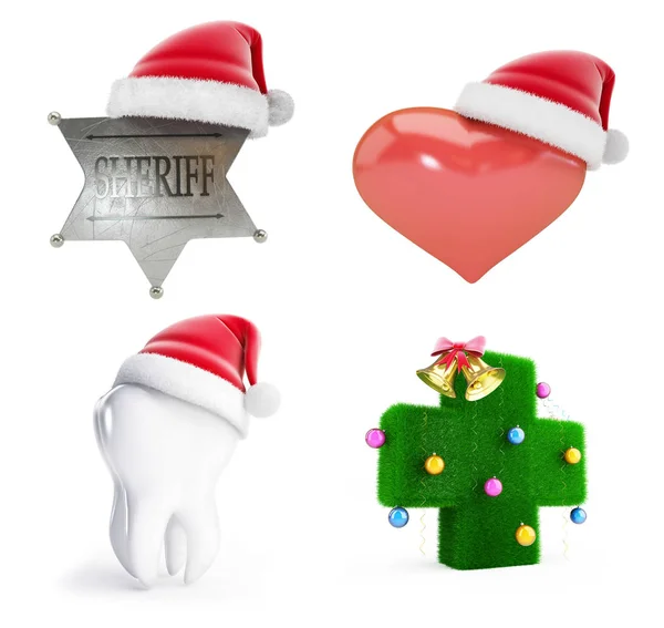 Natal santa chapéu definido em um fundo branco ilustração 3D, renderização 3D — Fotografia de Stock