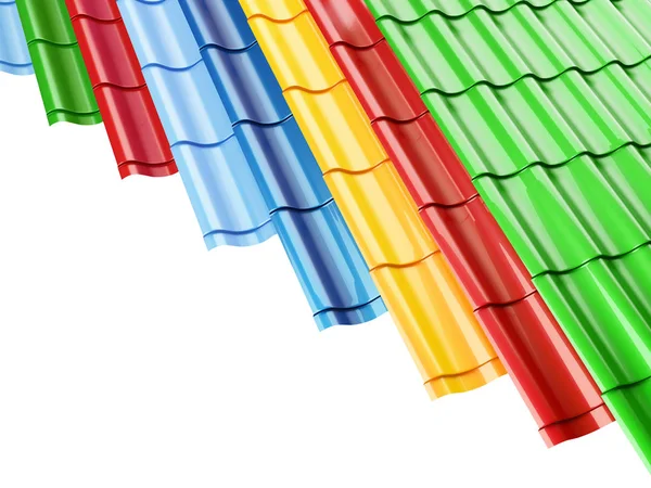 Azulejos de techo de metal de color, sobre un fondo blanco ilustración 3D, representación 3D —  Fotos de Stock
