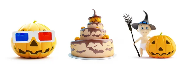 Gafas 3d, niño en un pastel de disfraces de Halloween sobre un fondo blanco ilustración 3D, representación 3D —  Fotos de Stock
