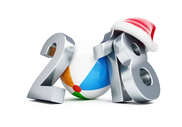 白い背景の 3 d 図、3 d レンダリングのビーチボール サンタ帽子に新しい年 2018 年 — ストック写真