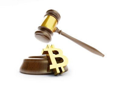 Hukuk bitcoin bir beyaz arka plan 3d resim, 3d render üzerinde