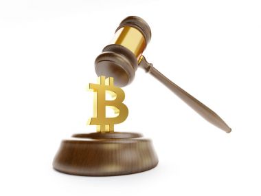 Hukuk bitcoin bir beyaz arka plan 3d resim, 3d render üzerinde