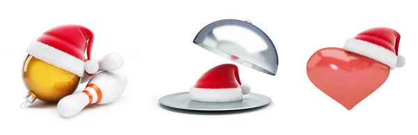 サンタ帽子 3 d イラスト、3 d レンダリングでトレイ サンタ帽子、サンタ帽子ボウリング サンタ帽子でクリスマス ボール、ハートの記号を開く — ストック写真