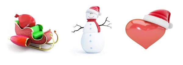 Chapeau santa homme des neiges, traîneau santa, chapeau santa coeur sur fond blanc illustration 3D, rendu 3D — Photo