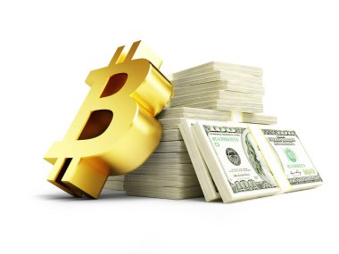 Altın bitcoin nakit dolar 3d resim, 3d render yığını üzerinde oturum