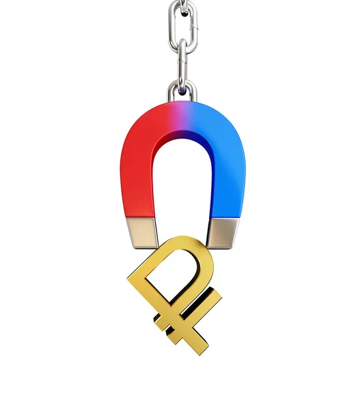 Magnet chain link segno di rublo dorato su sfondo bianco Illustrazione 3D, rendering 3D — Foto Stock