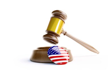 Beyaz arka planda Amerikan bayrağıyla Yargıç Tokmak. 3D çizim.