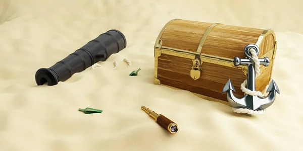 En la playa un cofre viejo, un catalejo, un cañón viejo, una ilustración 3D del ancla, representación 3D — Foto de Stock