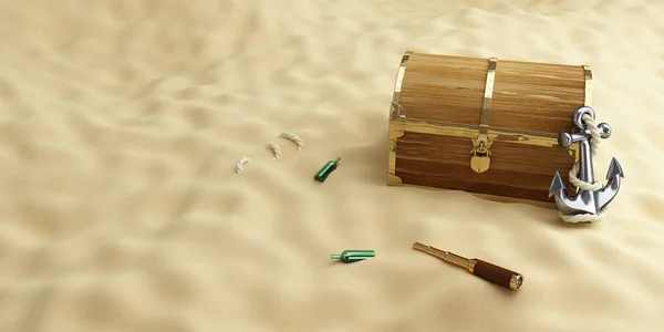 Op het strand een oude kist, een verrekijker, een anker 3d illustratie, 3d rendering — Stockfoto