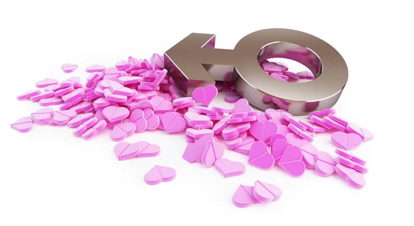 Scattered pink pill hearts sign man  on a white background 3D illustration, 3D rendering — Stock Photo, Image