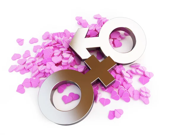 Dispersi cuori pillola rosa segno uomo e donna su uno sfondo bianco illustrazione 3D, rendering 3D — Foto Stock