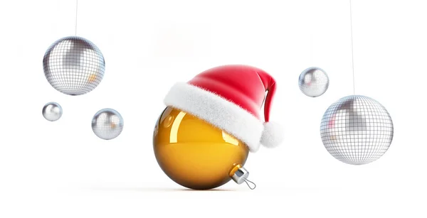 Disko ball christmas toy in santa claus hat on a white background 3D illustration, 3D rendering — ストック写真