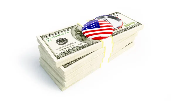 Un sacco di soldi, badge con bandiera USA su sfondo bianco Illustrazione 3D, rendering 3D — Foto Stock