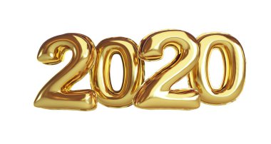  Folyo balonu 2020 Altın Yeni Yıl Beyaz arka planda 3D illüstrasyon, 3D canlandırma