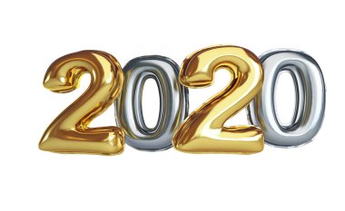  Folyo balonu 2020 Altın Yeni Yıl Beyaz arka planda 3D illüstrasyon, 3D canlandırma