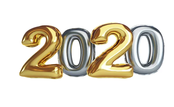 Balão de folha 2020 Ouro Feliz Ano Novo em um fundo branco ilustração 3D, renderização 3D — Fotografia de Stock