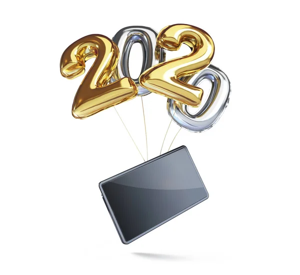 Globo de papel de aluminio, smartphone regalo en el Año Nuevo 2020 sobre un fondo blanco Ilustración 3D, renderizado 3D — Foto de Stock