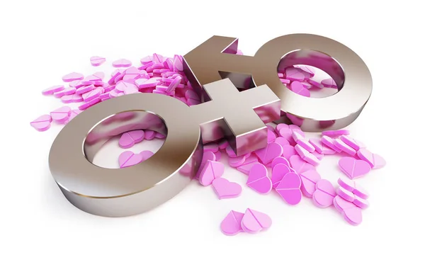 Scattered pink pill hearts sign man and woman  on a white background 3D illustration, 3D rendering — Stock Photo, Image