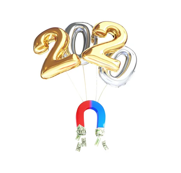 Foil balloon 2020 New Year magnet attracts dollars on a white background 3D illustration, 3D rendering — Stock Photo, Image