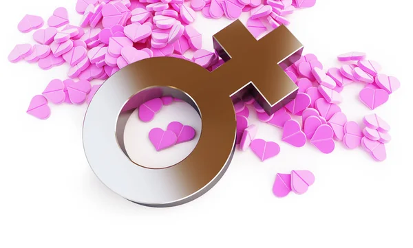 Розсіяні рожеві таблетки знаки серця жінка на білому тлі 3D ілюстрація, 3D рендеринг — стокове фото