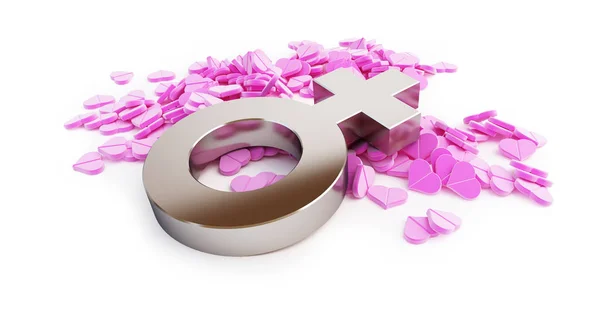 Scattered pink pill hearts sign woman  on a white background 3D illustration, 3D rendering — Stock Photo, Image