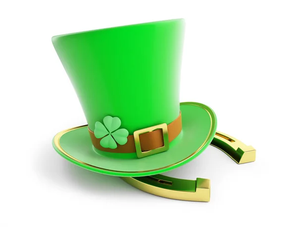 Patrick 's day groene hoed, hoefijzer op een witte achtergrond 3d illustratie, 3d rendering — Stockfoto