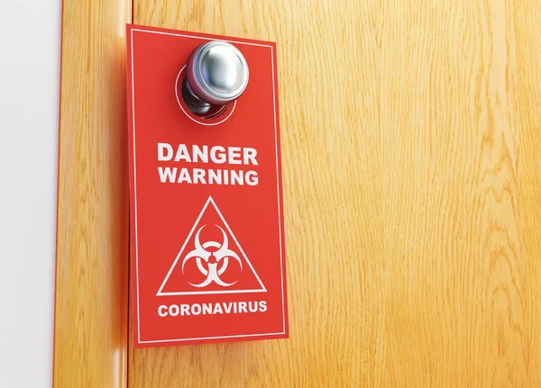 Coronavirus waarschuwingsbord rood op de deur 3d illustratie, 3d weergave Stockafbeelding