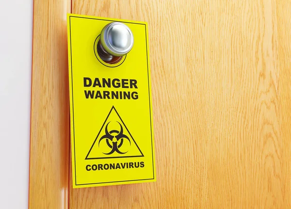 Segnale di avvertimento Coronavirus sulla porta Illustrazione 3D, rendering 3D — Foto Stock
