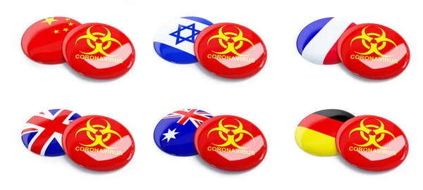 Nastavit Coronavirus Čína, Austrálie, Čína, Anglie, Francie, Německo, Izrael na bílém pozadí 3d ilustrace — Stock fotografie