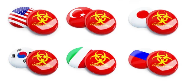 Coronavirus USA, Corea del Sud, Turchia, Russia, Giappone, Italia su sfondo bianco Illustrazione 3D — Foto Stock