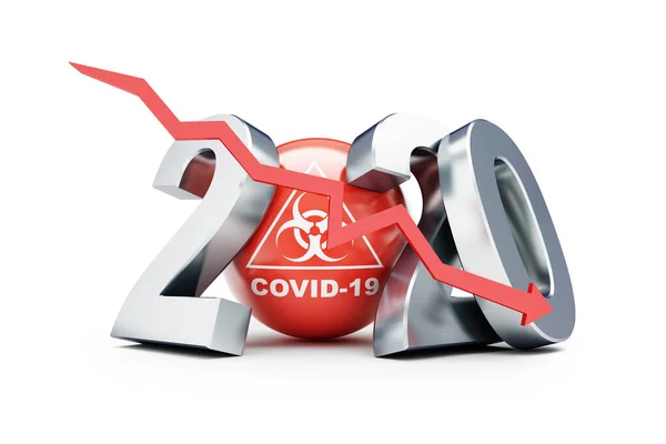 通过Coronavirus Covid 2020箭头的白色背景3D插图 3D渲染经济下滑 — 图库照片