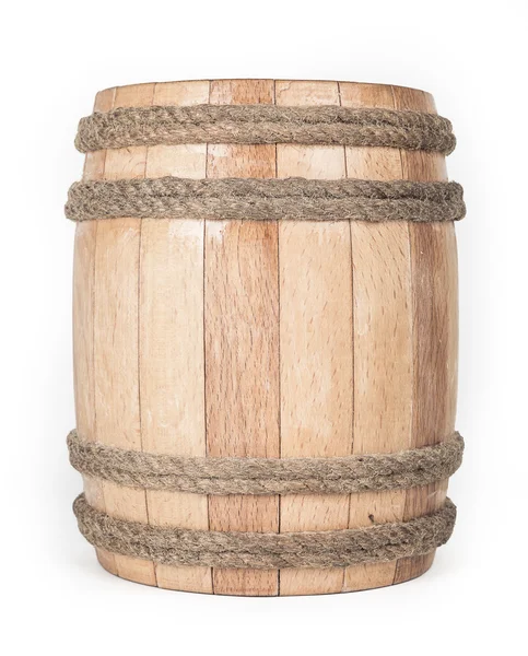 Pequeno barril de madeira isolado em branco — Fotografia de Stock