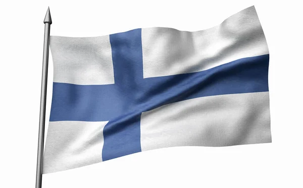 3D иллюстрация флагштока с флагом Финляндии — стоковое фото